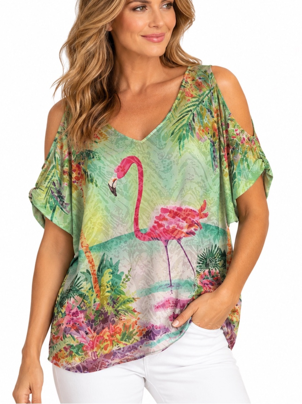 Ellen Negley Flamingo Tropical Cold Shoulder Short Sleeve Tunic Tee Top XXL